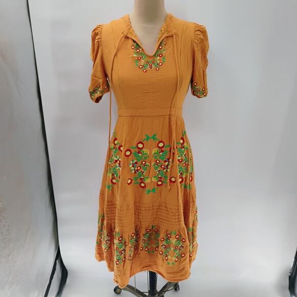 Ollari maxi Dress Yellow/Orange linen from Anthropologie Mexican pattern boho - Picture 11 of 15